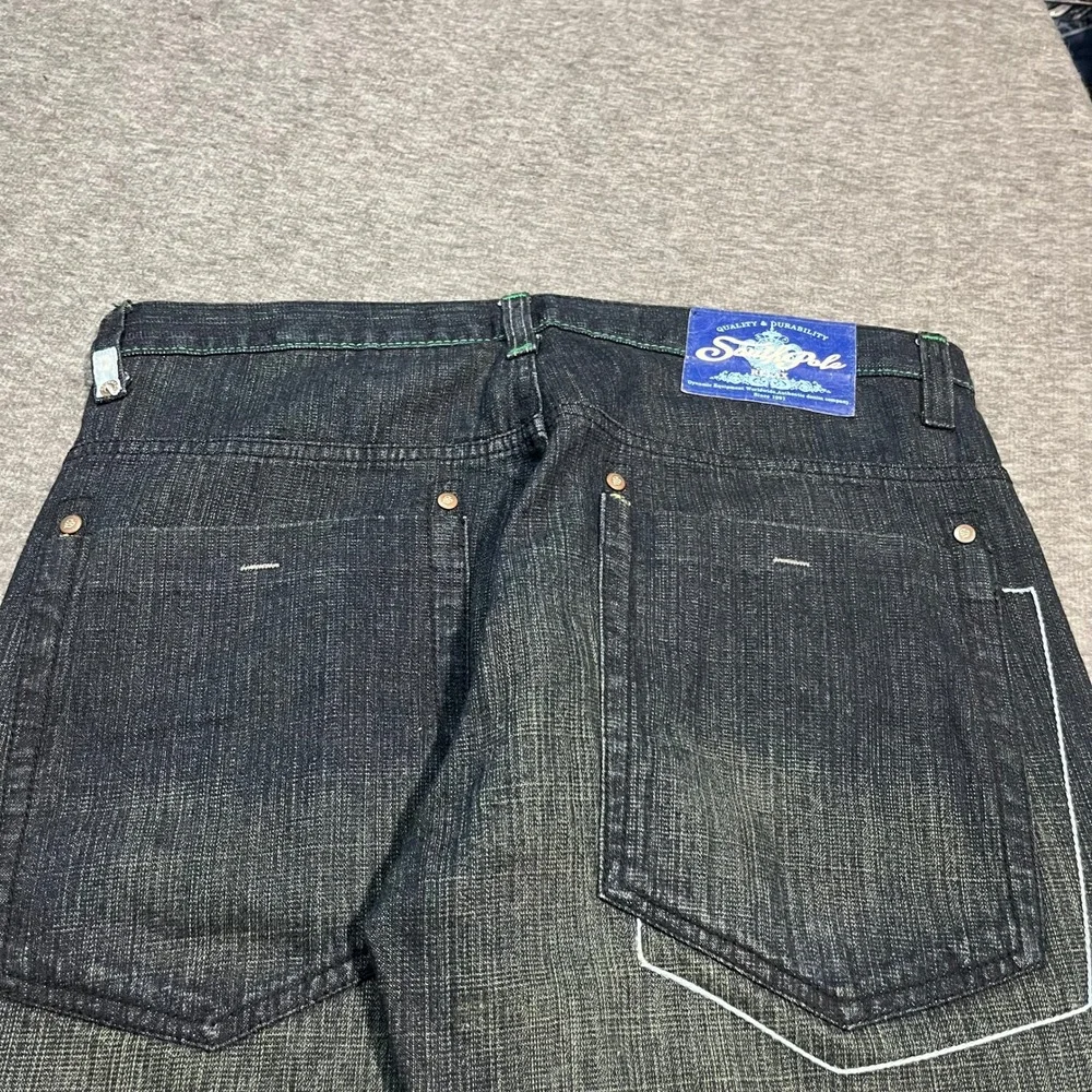 Southpole Mens Baggy Relaxed Fit Dark Wash Green Tint Embroidered Jeans 34x27